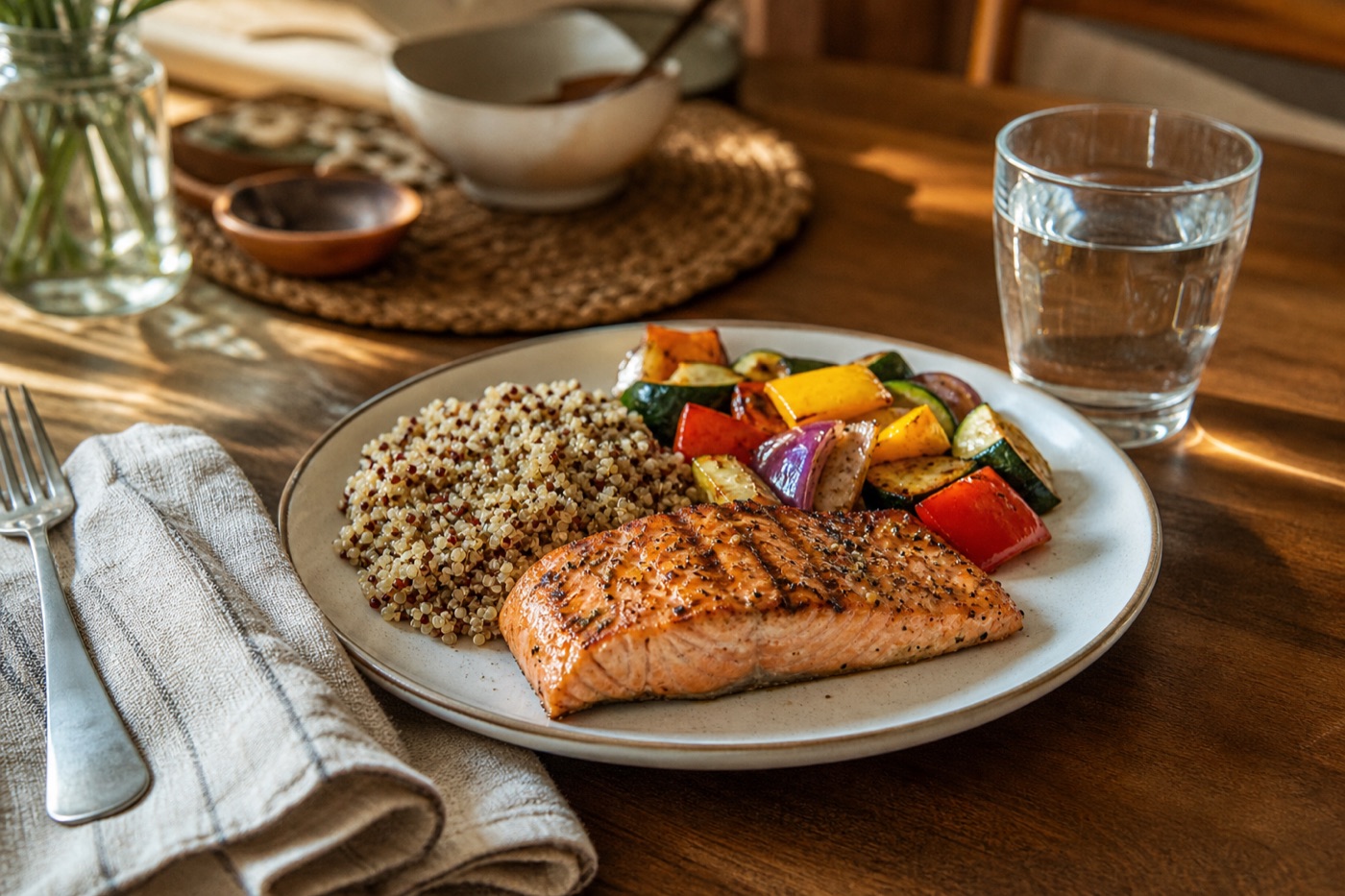A dinner table with a plate of grilled salmon, quinoa and roasted vegetables, a glass of water and a folded linen napkin under warm evening light